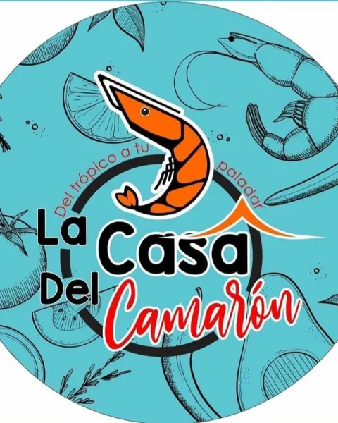 Logo de La Casa del Camarón sobre fondo turquesa